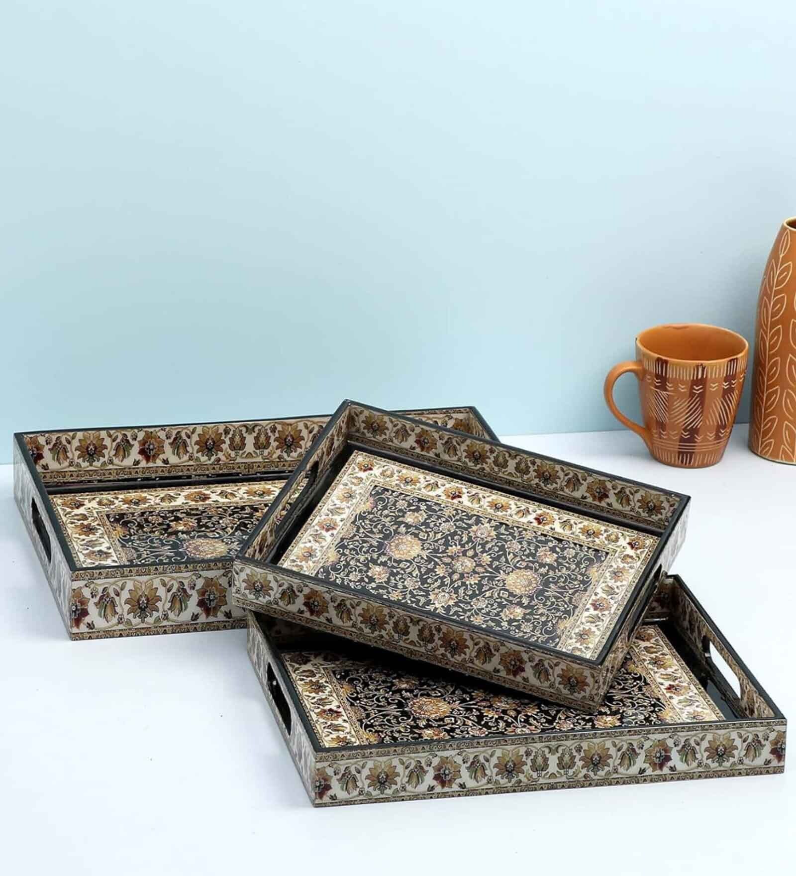 Black Engineered Wood(Set of 3) Serving Tray