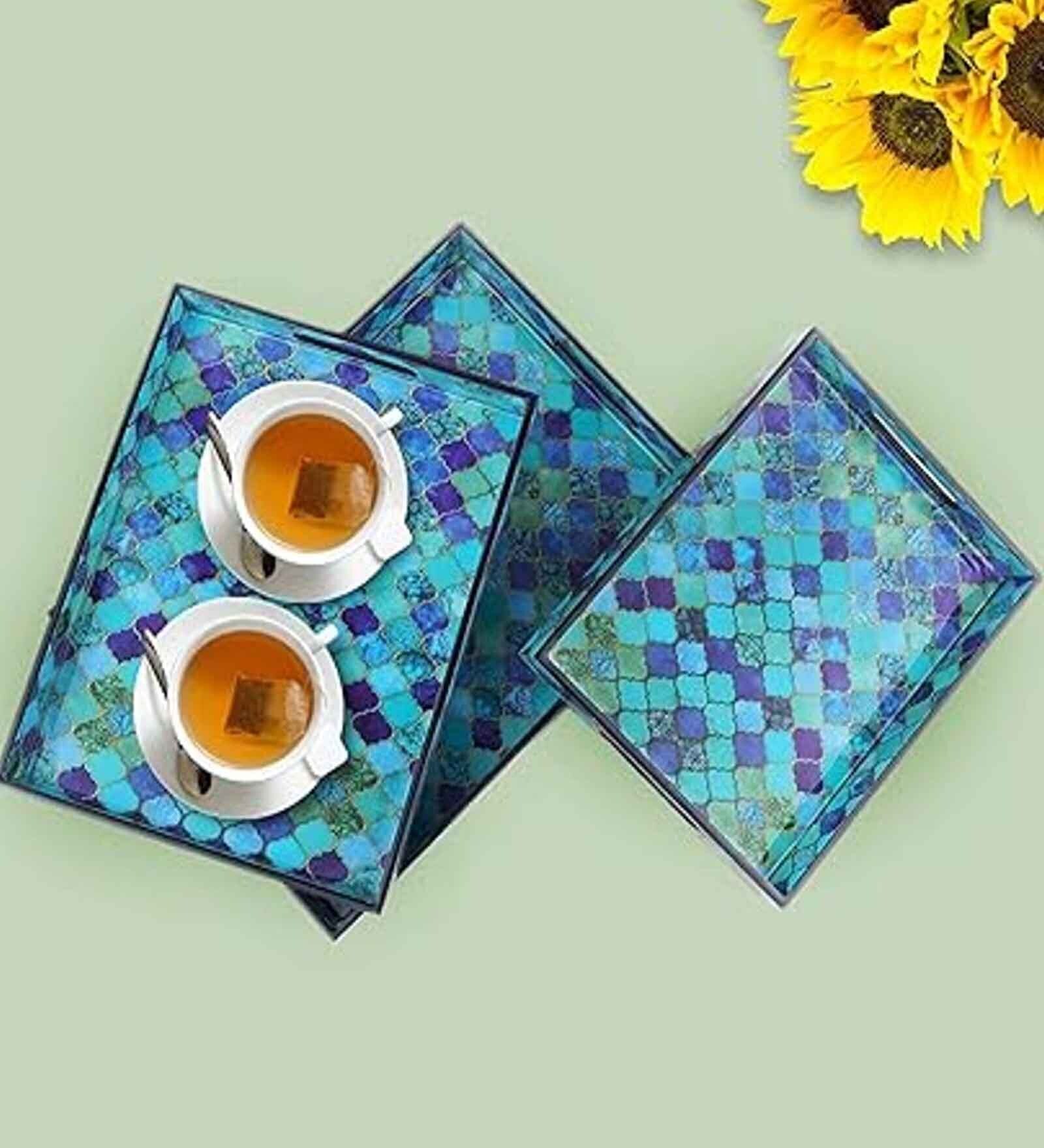 Blue Engineered Wood Rectangle (Set of 3)Serving Tray
