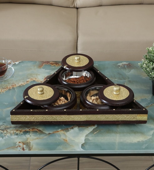 3 BOWL DRY FRUIT TRAY, METAL FITTING, CLASSIC THEME