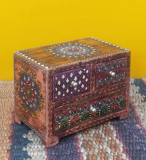 Buy 3 Compartments Mango Wood Trinket Box In Multicolour By Art Of