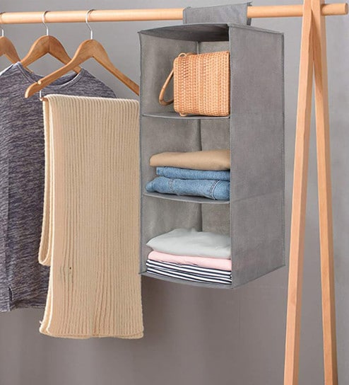 Buy 3 Compartments Non Woven Wardrobe Hanging Shelf In Grey By My