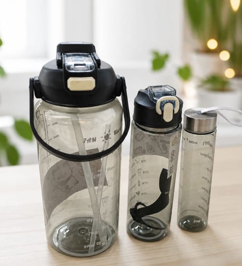 3-in-1 Black Bottle Set with Straw & Lid