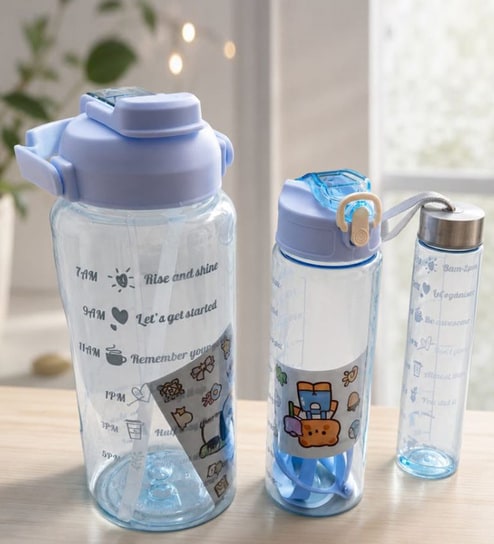 3-in-1 Blue Bottle Set with Straw & Lid