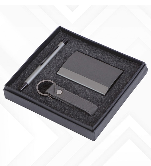 3 in 1 Grey Keychain , Pen and Card Holder Combo Gift Set-image-2
