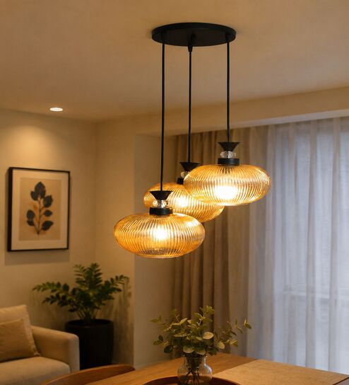 3-Light Amber Ribbed Glass Cluster Hanging Light