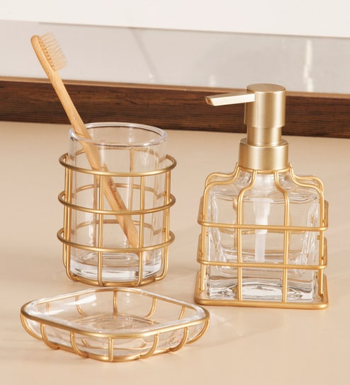 3 Pcs Bathroom Set Glass Bath Set Gold