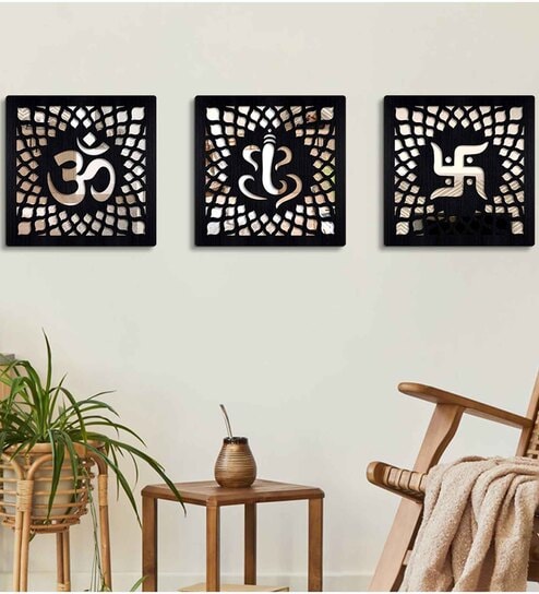 3 Pcs Om Ganesh Wooden Wall Art