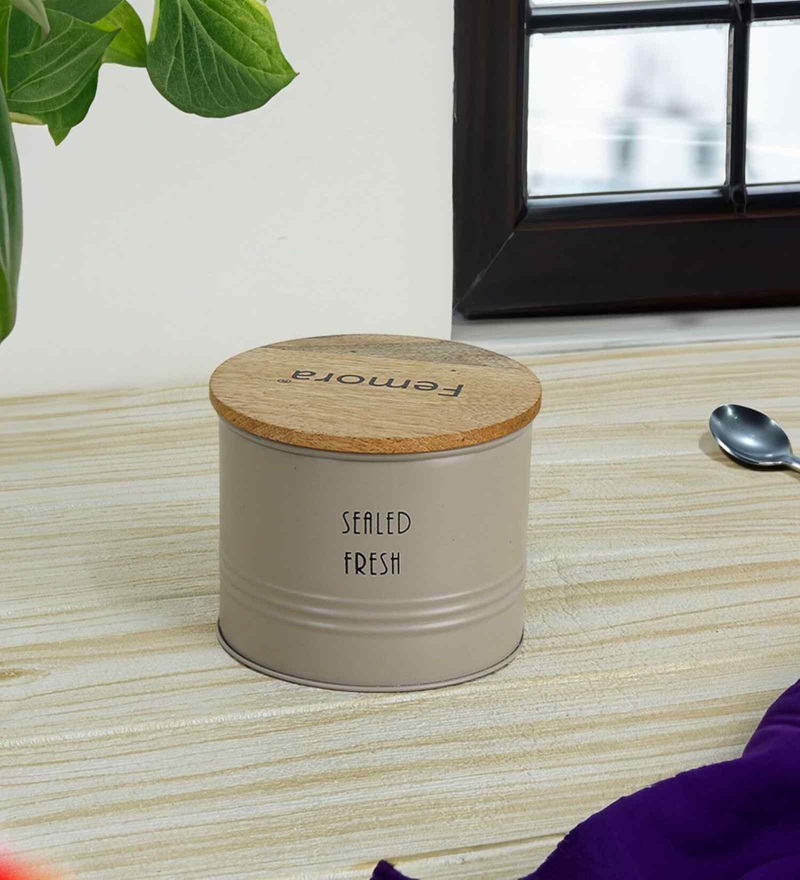 300 ml Tin Kitchen Storage Jar with Wooden Airtight Lid (Beige)