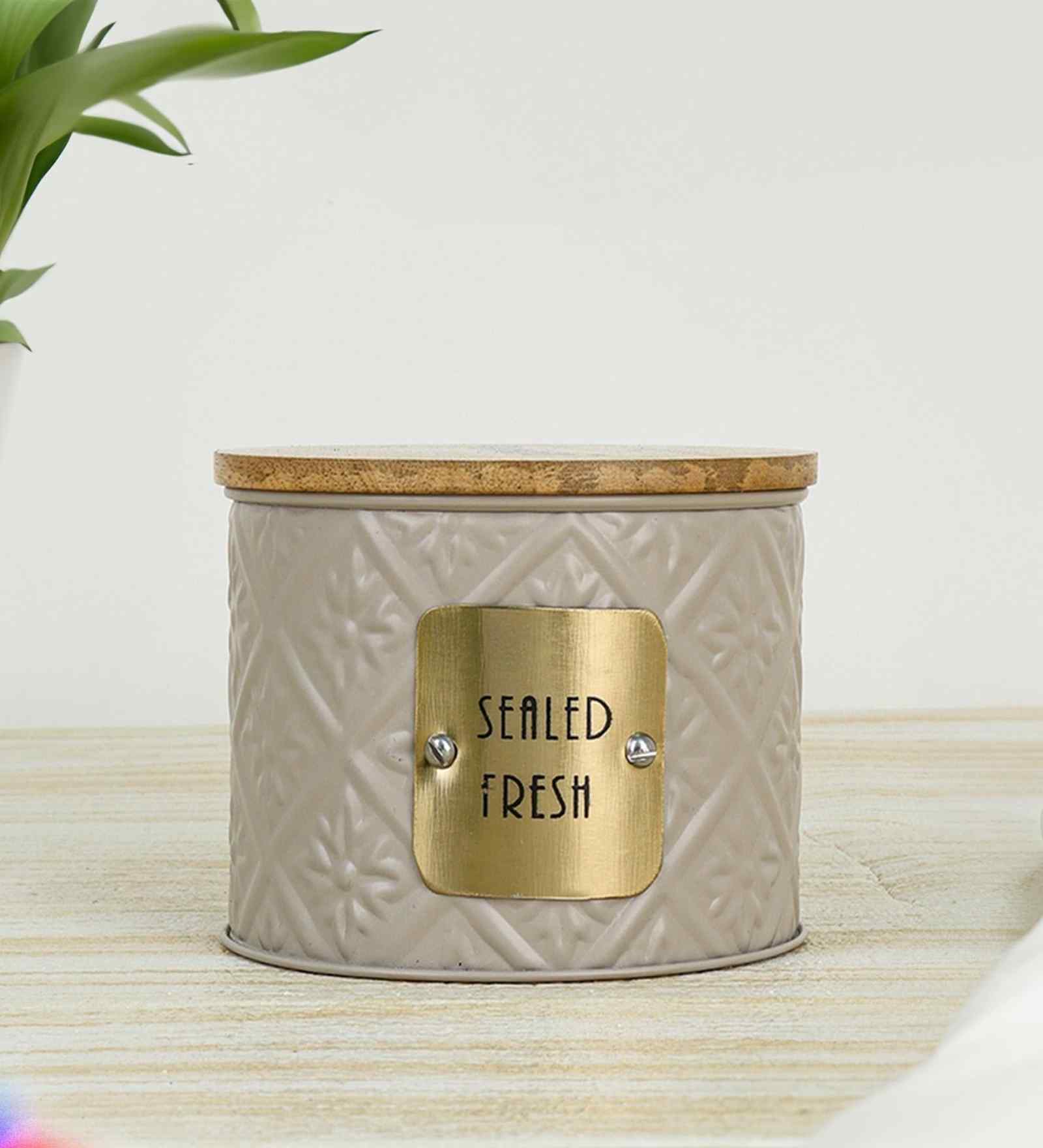 300 ml Tin Kitchen Storage Jar with Wooden Airtight Lid (Beige)