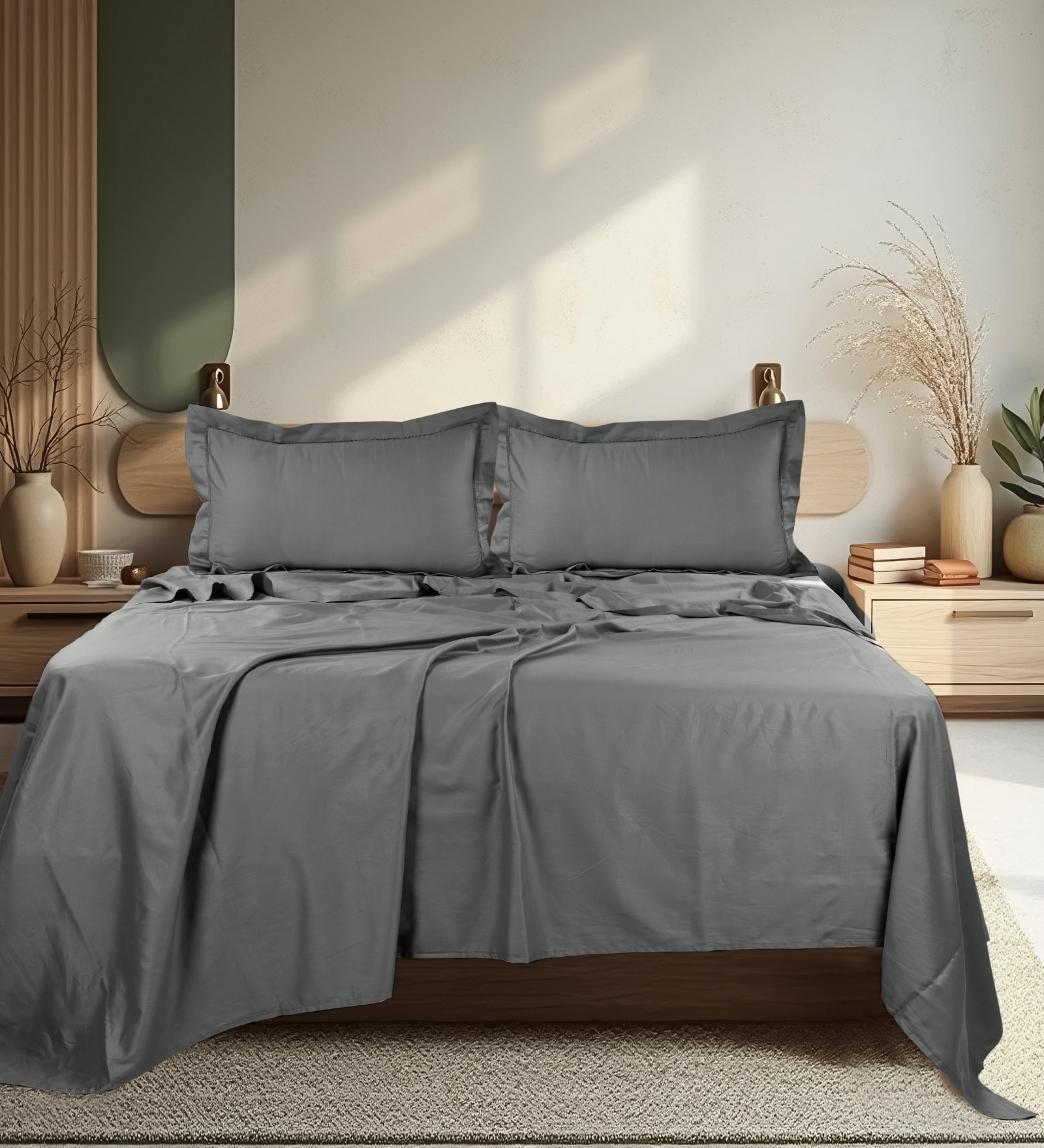 Grey 300 TC Cotton King Sized Bedsheet With 2 Pillow Covers