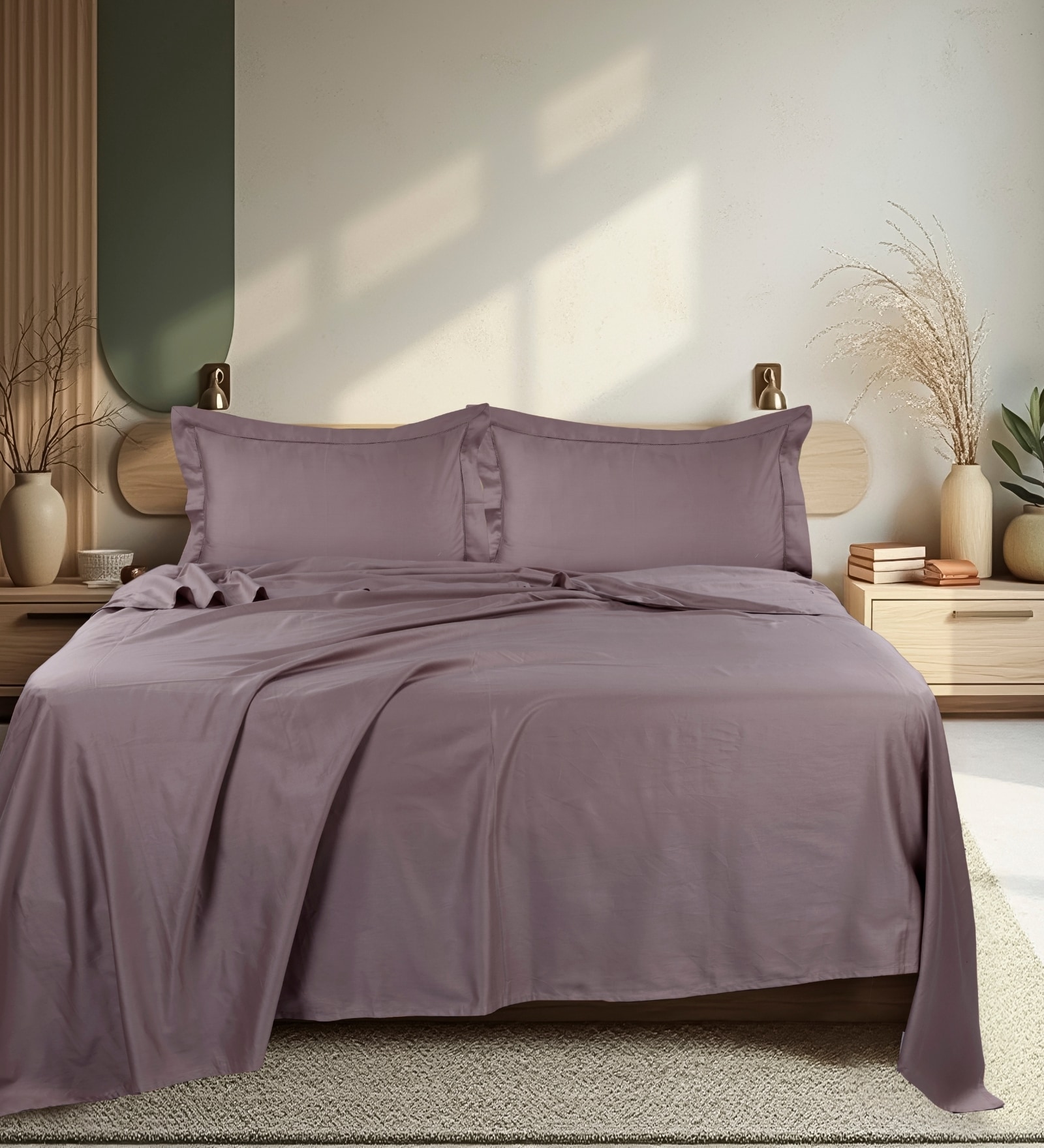 Purple 300 TC Cotton King Sized Bedsheet With 2 Pillow Covers