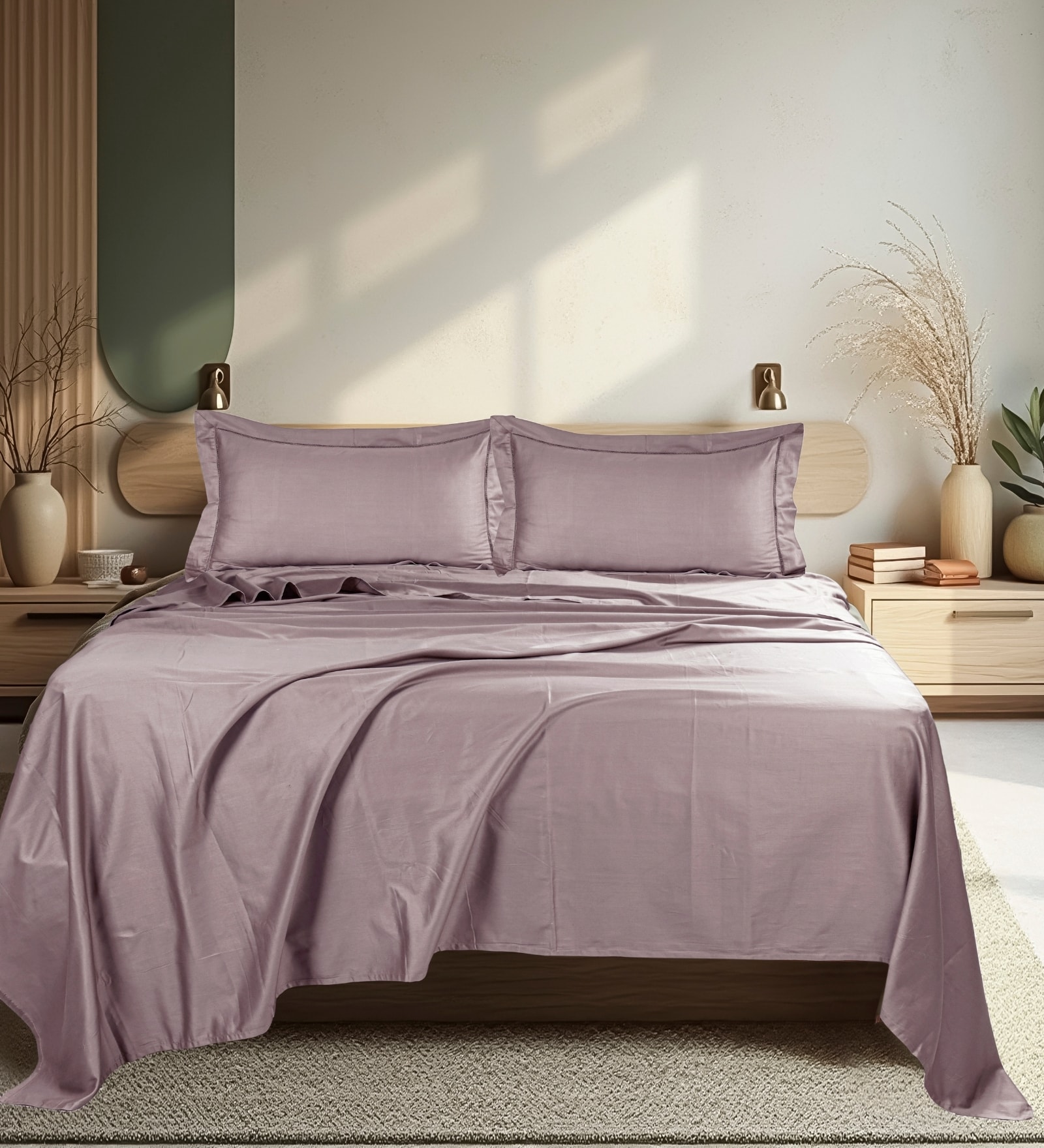 Purple 300 TC Cotton King Sized Bedsheet With 2 Pillow Covers