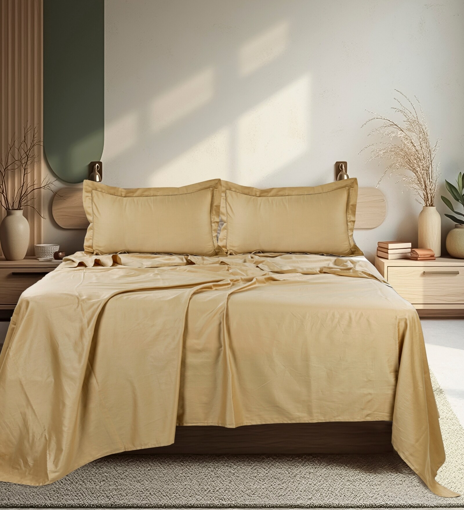 Beige 300 TC Cotton King Sized Bedsheet With 2 Pillow Covers