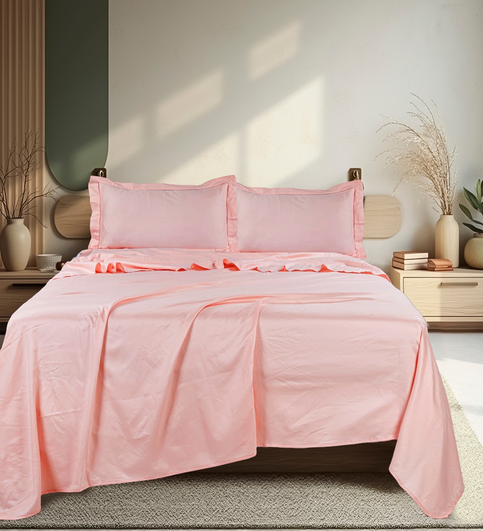 Pink 300 TC Cotton King Sized Bedsheet With 2 Pillow Covers