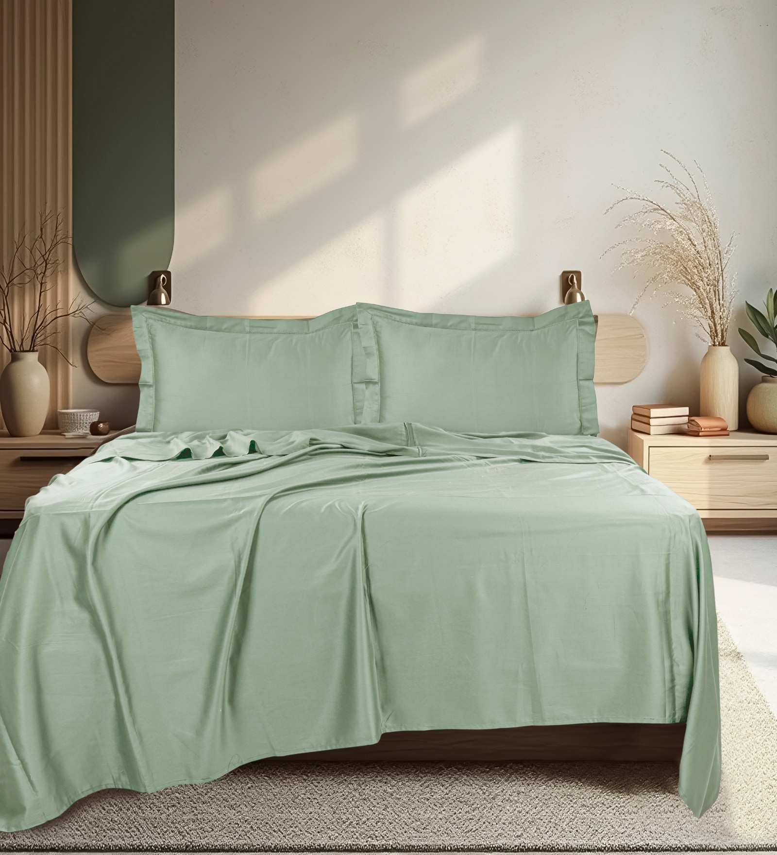 Green 300 TC Cotton King Sized Bedsheet With 2 Pillow Covers