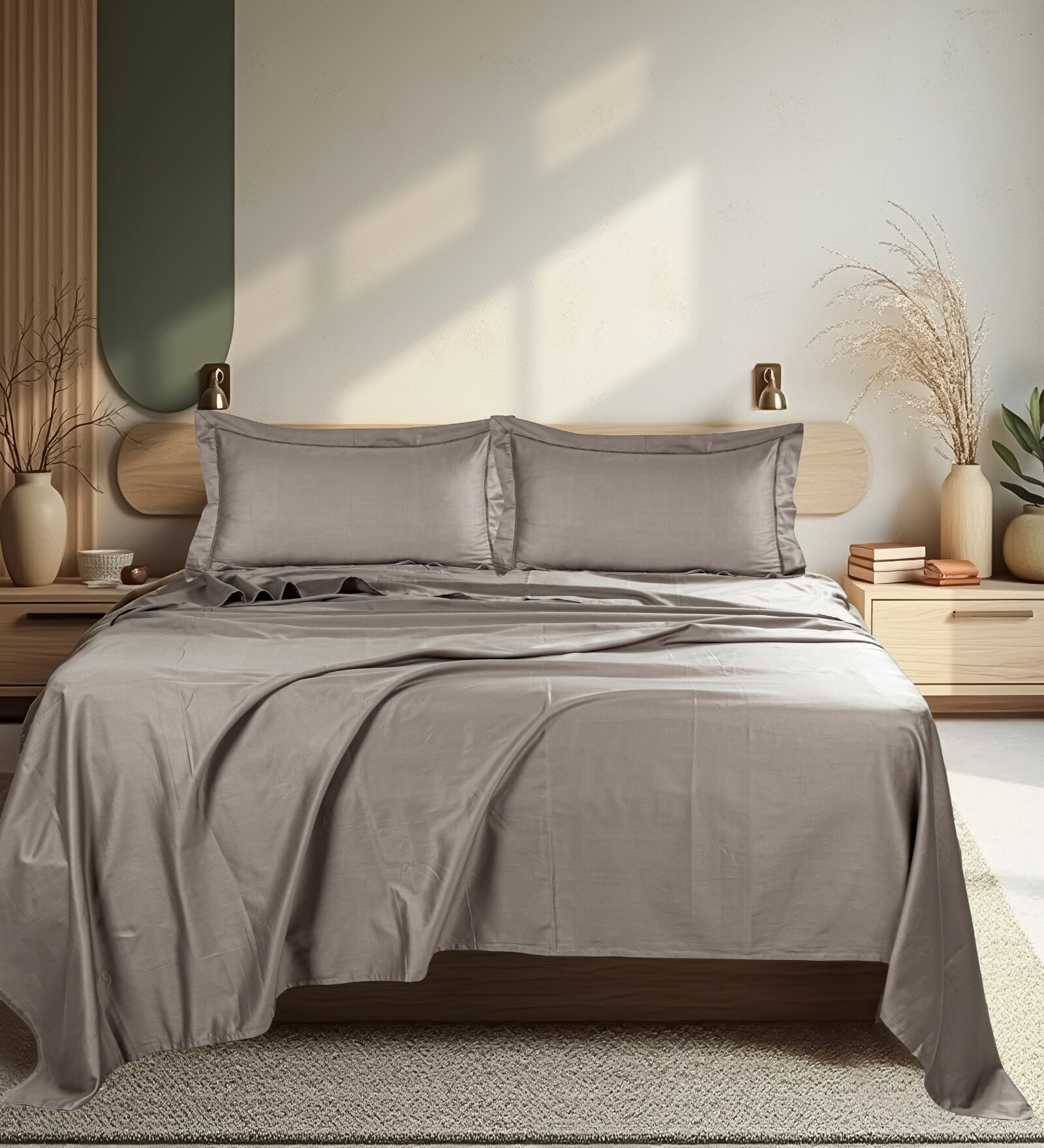 Grey 300 TC Cotton King Sized Bedsheet With 2 Pillow Covers