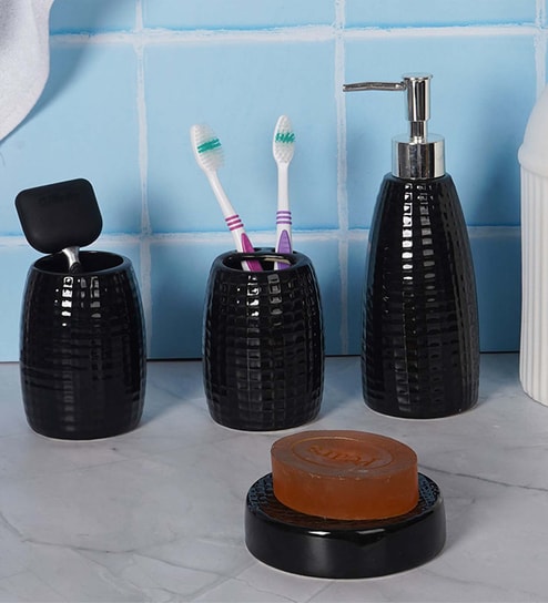 300 ML Set Of 4 Black Porcelain Glaze & Shine Bath Set