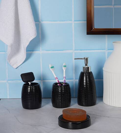 300 ML Set Of 4 Black Porcelain Glaze & Shine Bath Set