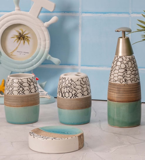 300 ML Set Of 4 Green Porcelain Pebble Creek Bath Set