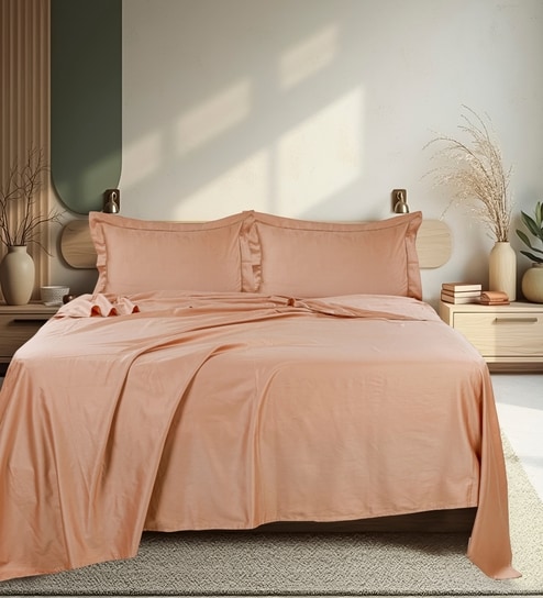Pink 300 TC Cotton King Sized Bedsheet With 2 Pillow Covers