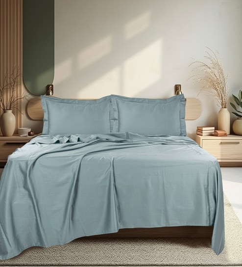 Blue 300 TC Cotton King Sized Bedsheet With 2 Pillow Covers