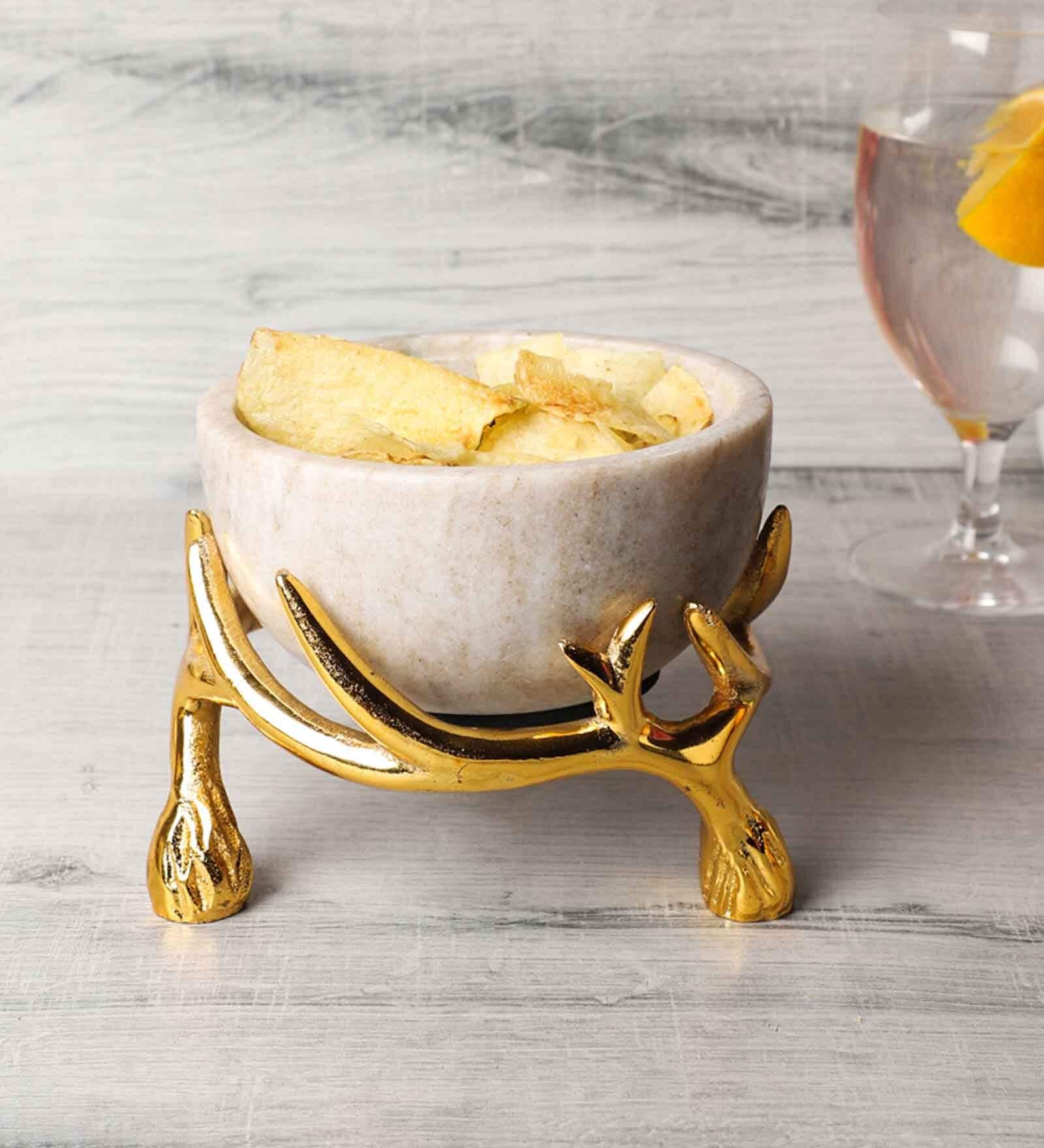 350ml Stoneware Marble Dry Fruit Bowl with with Brass Metal Stand (Beige & Gold) 350ml Stoneware Marble Dry Fruit Bowl with with Brass Metal Stand (Beige & Gold)