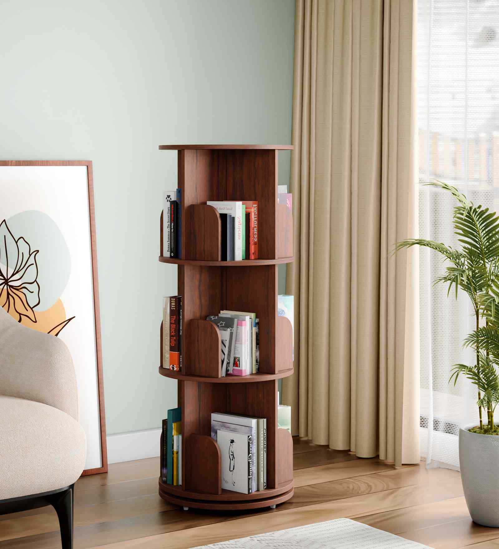 Tornado 360 Rotating 3-Tier Bookshelf In Brown In Brown finish