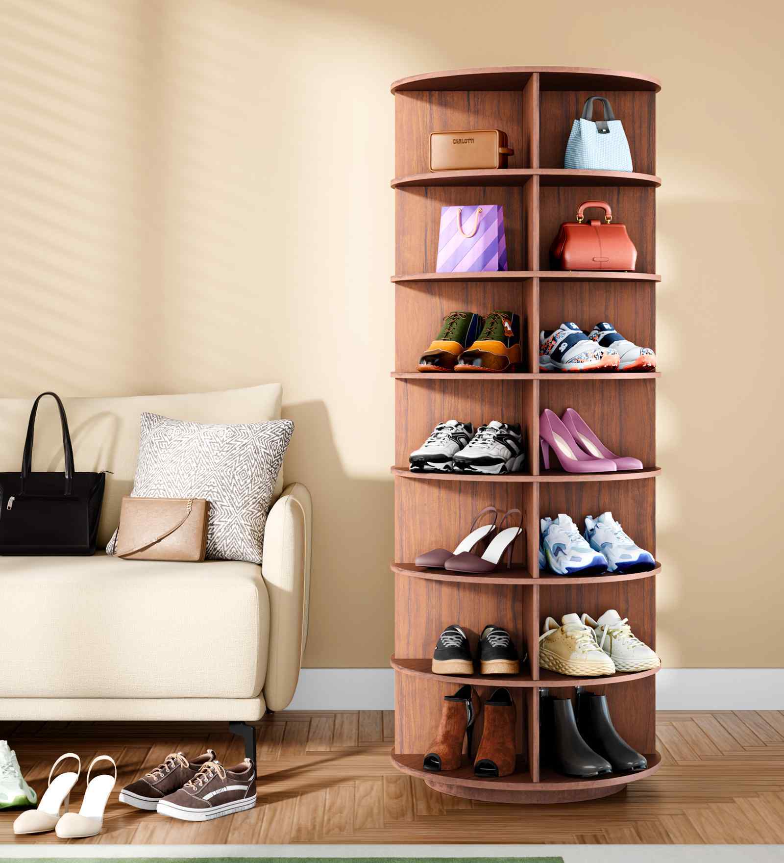 Tornado 360 Rotating 7-Tier Shoe Rack In Brown In Brown finish