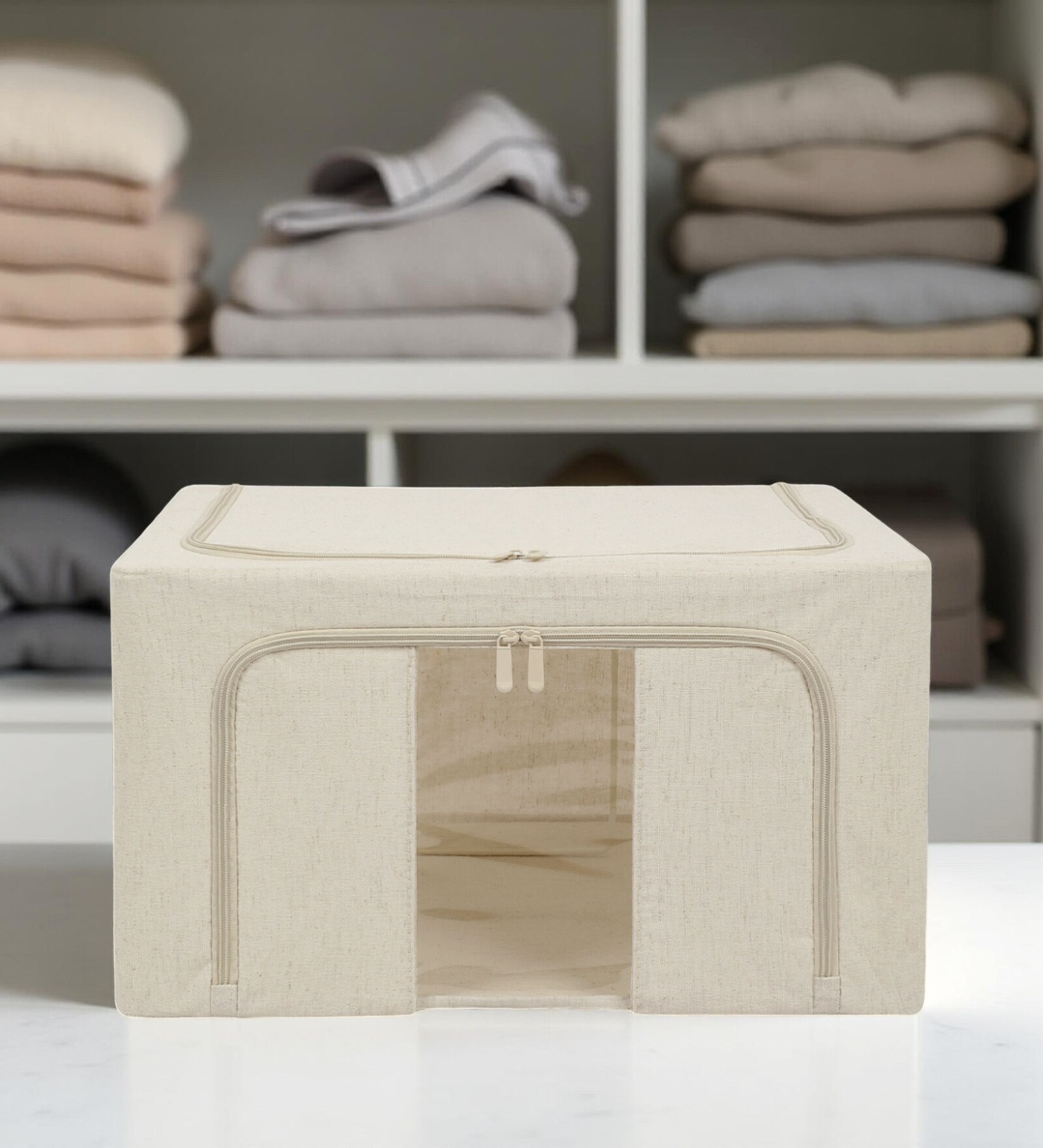 36L Collapsible Fabric Storage Bin with Window, Foldable Organizer Box with Steel Frame