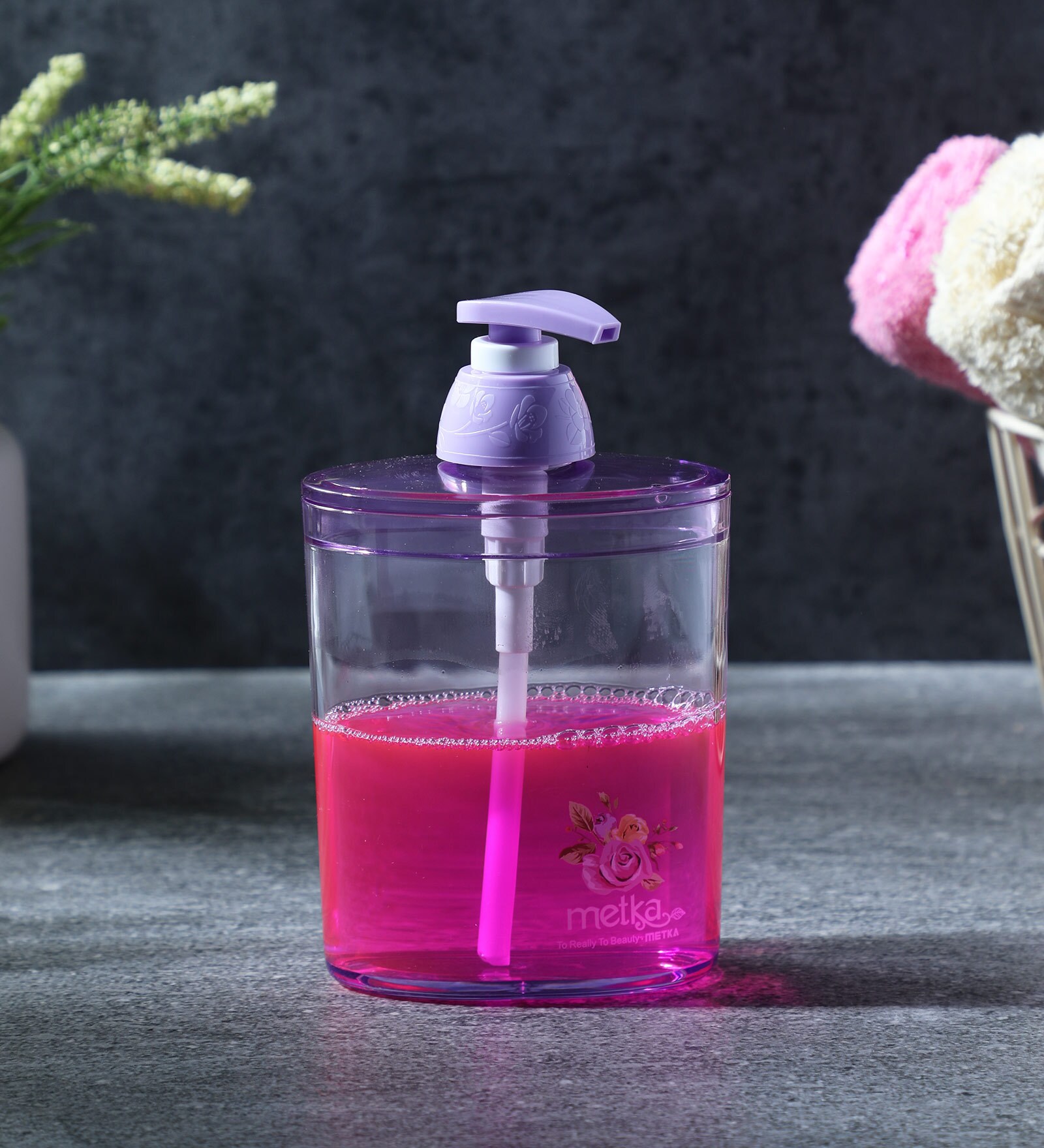 370 Ml Plastic Counter Top Liquid Soap Dispenser In Purple