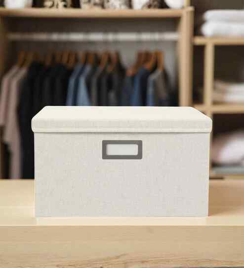 38 L Foldable Storage Box with Lid, Cotton Hemp Fabric Collapsible Organiser