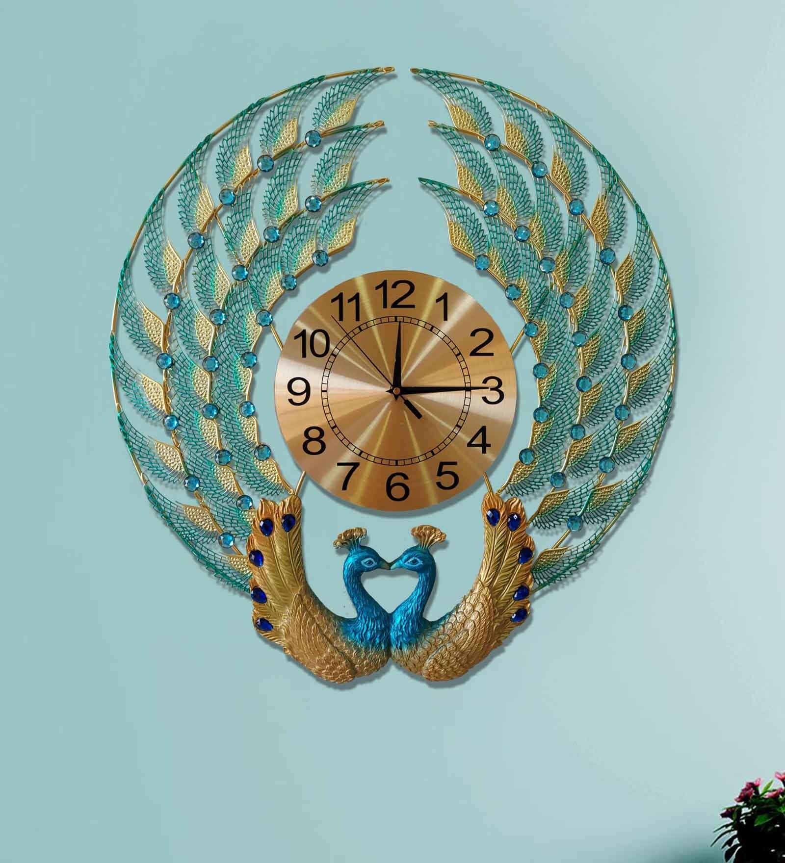 Green Metal Peacock Traditional Wall Clock