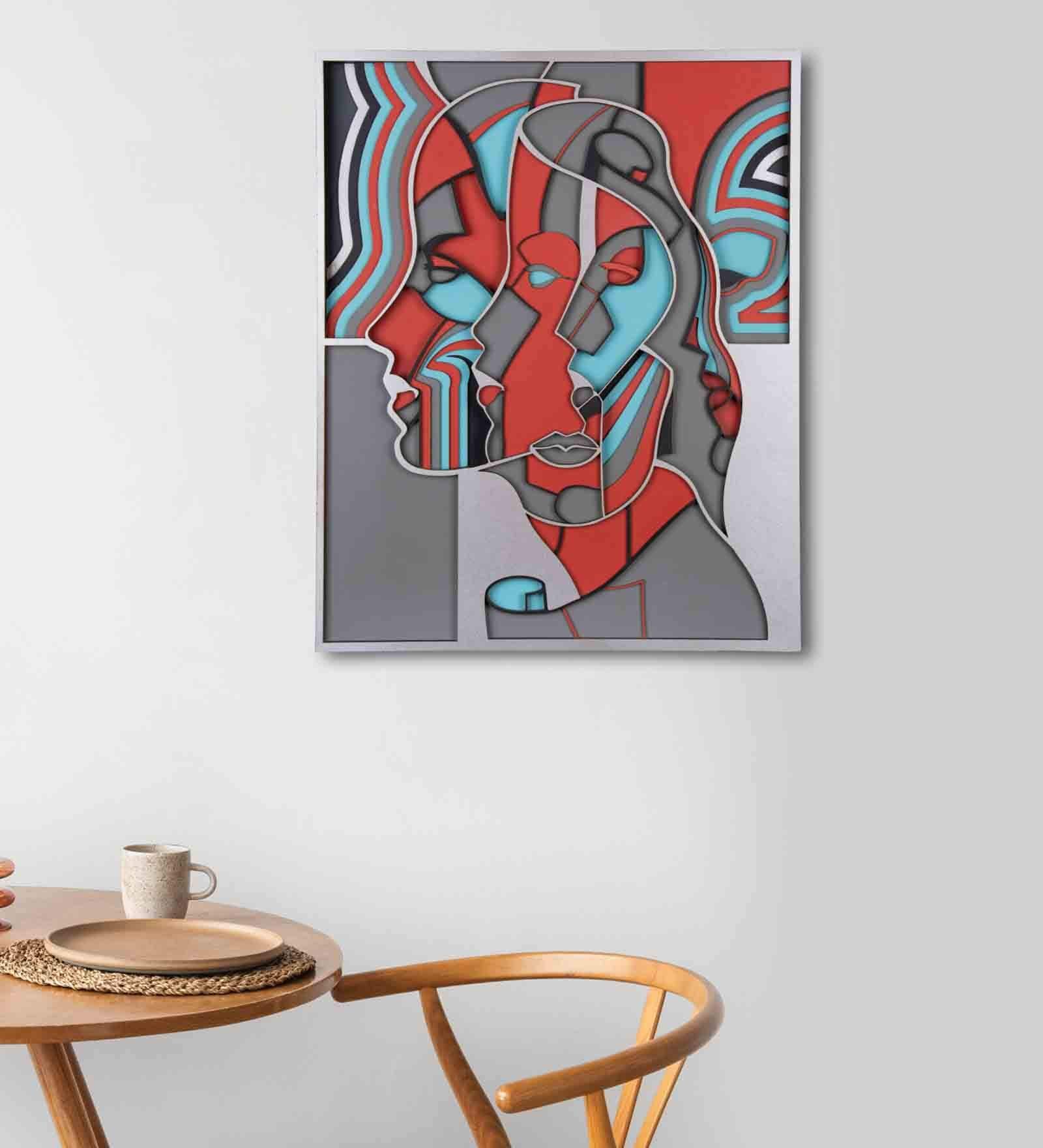 3D Faces Pinewood Wall Mural in Multicolour