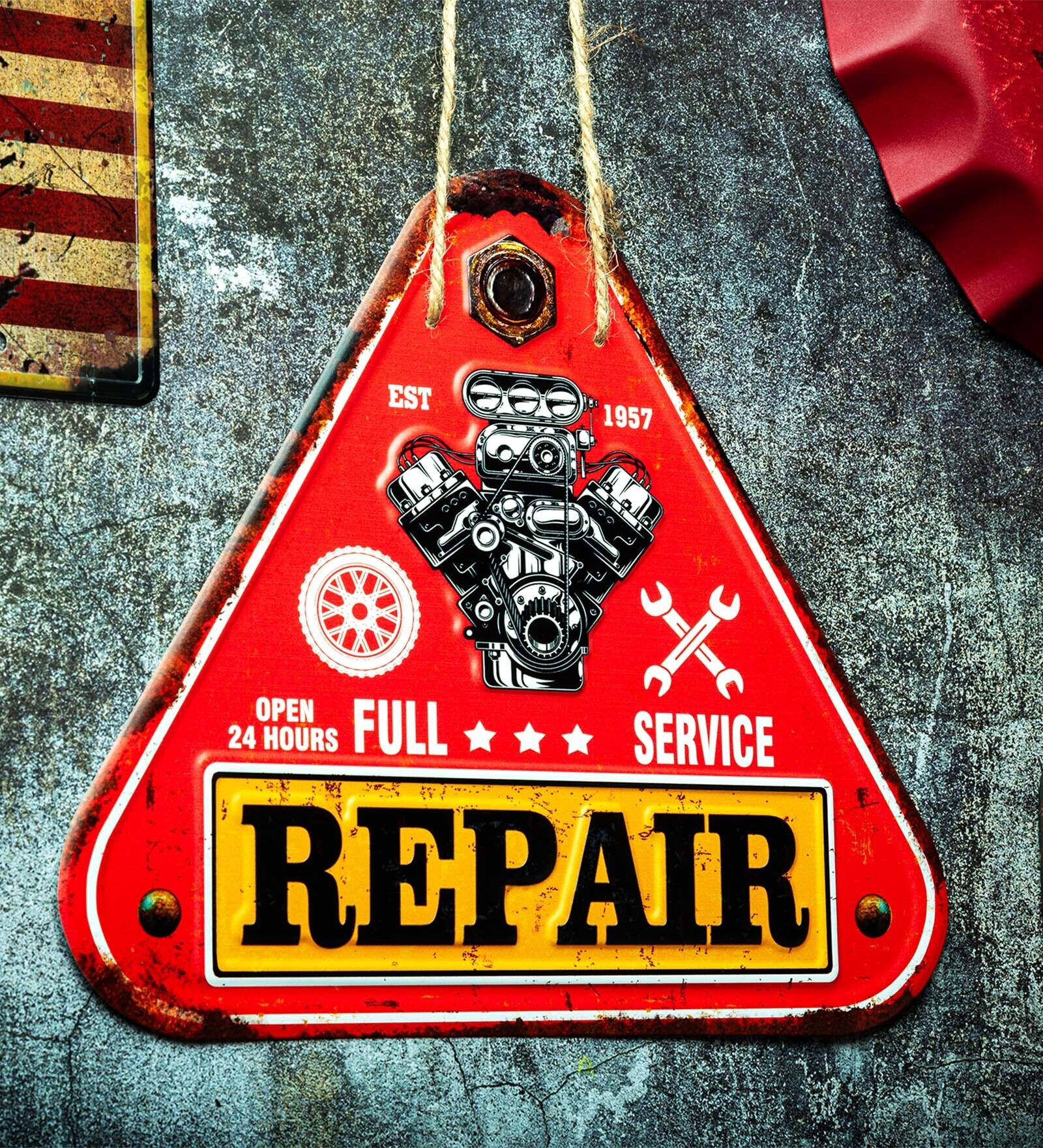 Red Garage Triangle Full Service  3D Metal Plate
