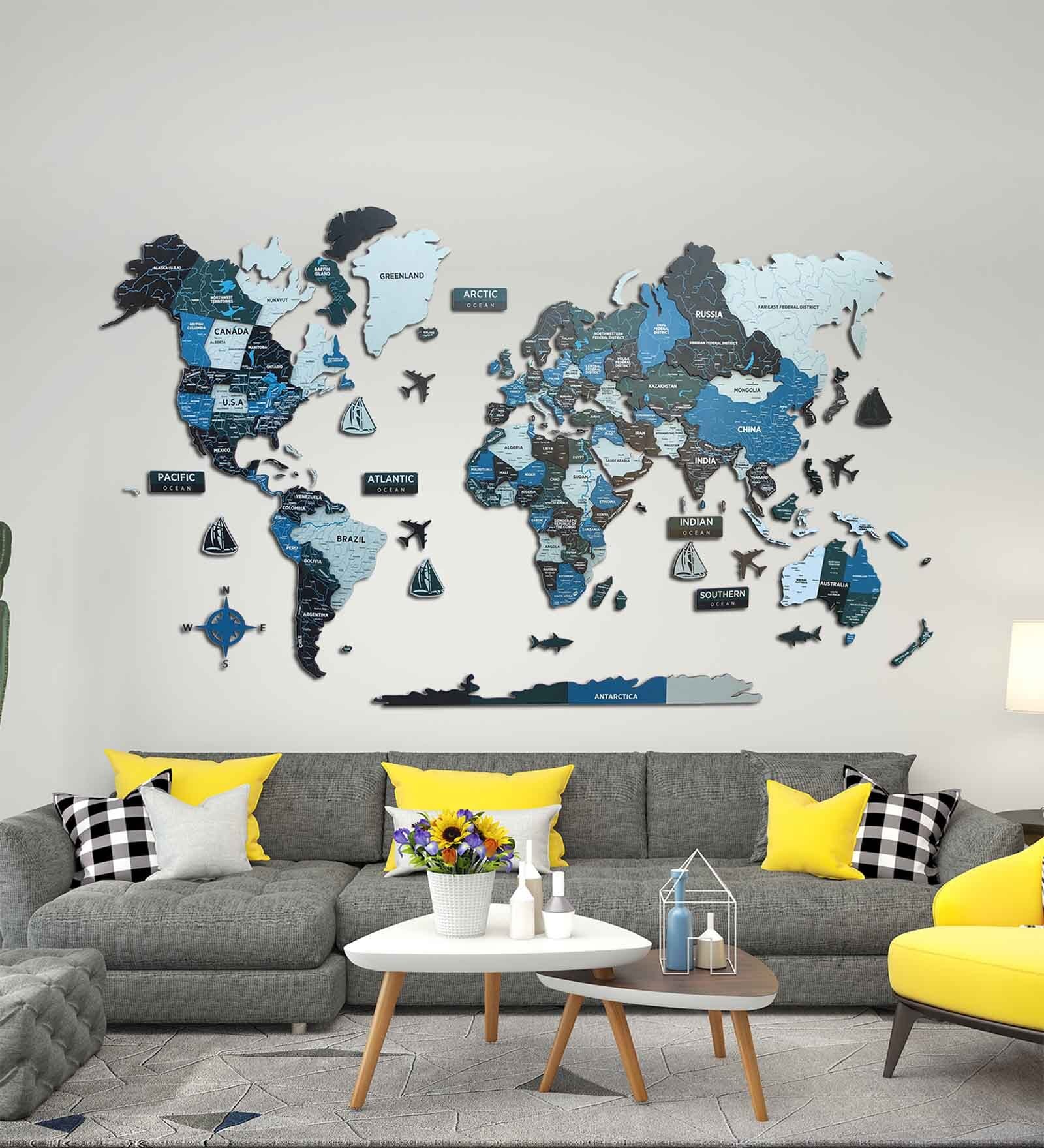 3D Birch Wood Oxford World Map In 79 x 47 Inches