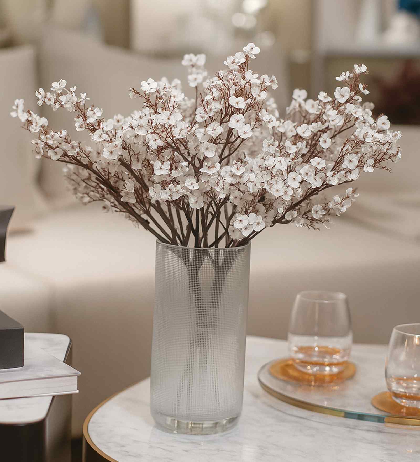 Set Of 4 White Plastic 4 Bundles Gypsophila Bouquets Artificial Flowers