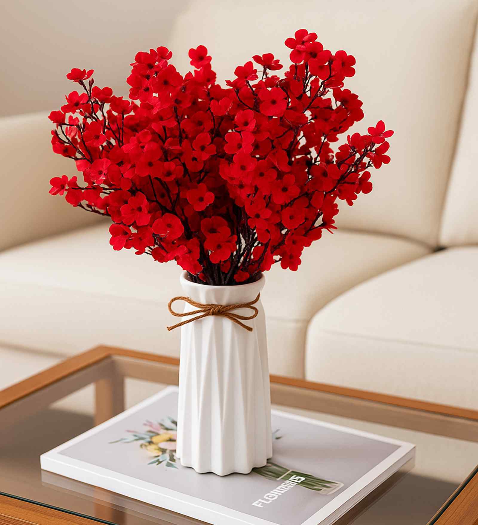 Set Of 4 Red Plastic 4 Bundles Gypsophila Bouquets Artificial Flowers