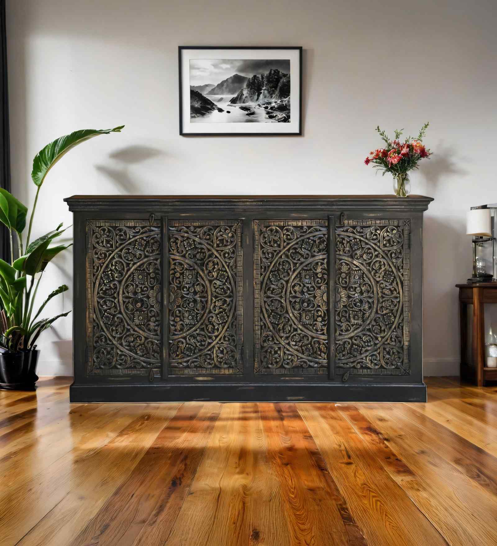 Vintage Solid Wood Hand Carved Sideboard in Dark Brown Finish