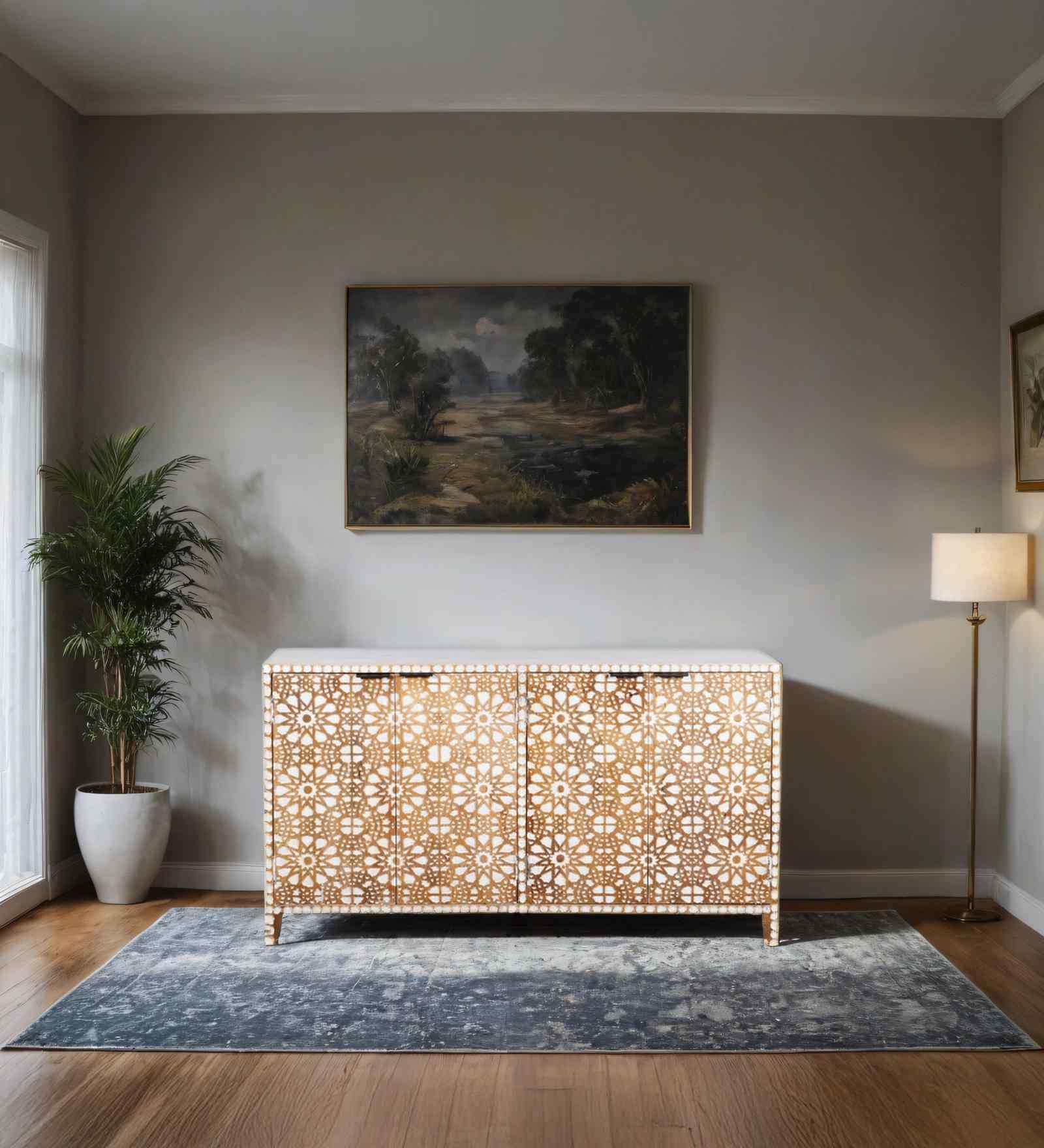 Quill Solid Wood Hand Carved Sideboard in Beige Finish Quill Solid Wood Hand Carved Sideboard in Beige Finish