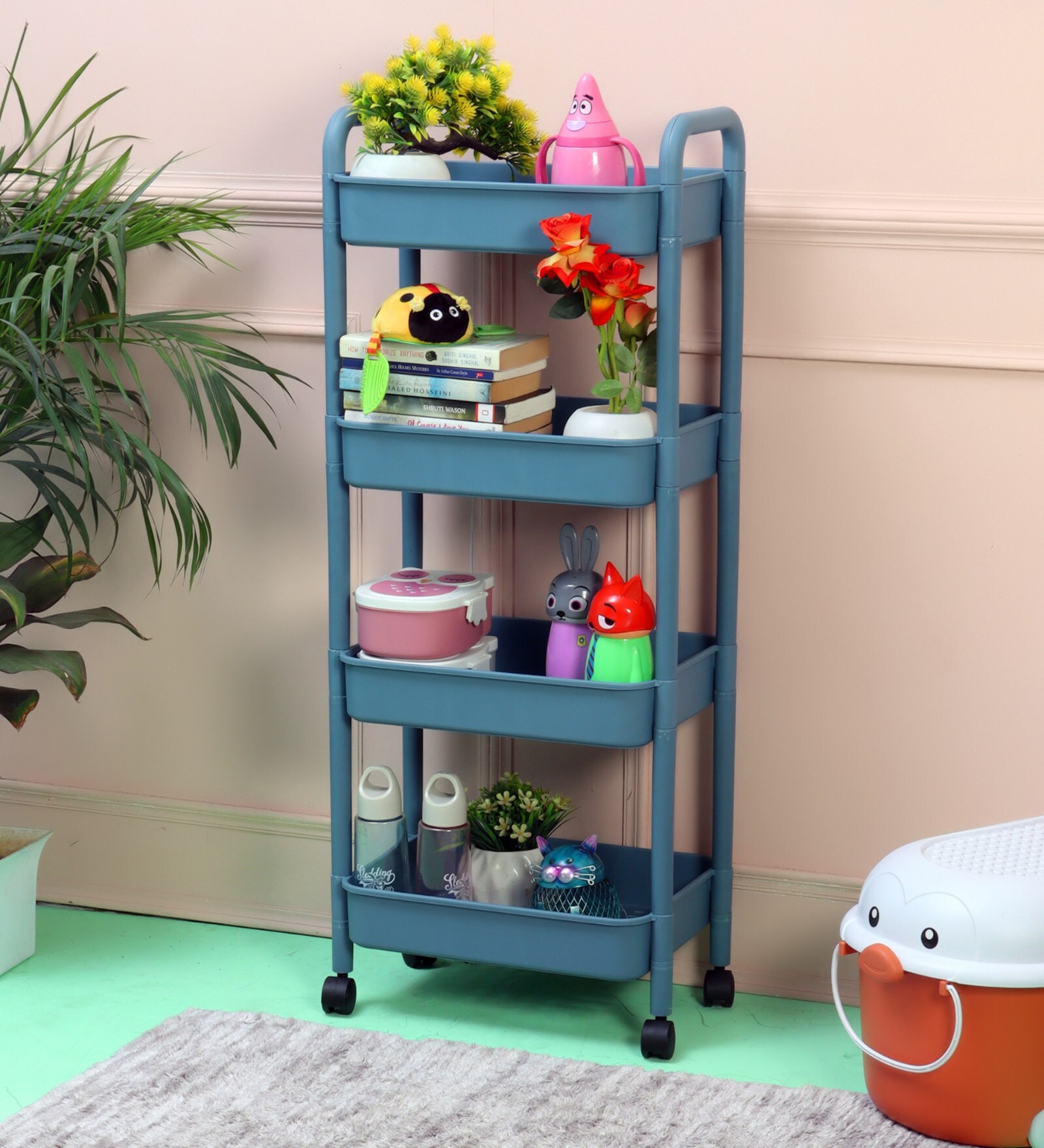4 Layer Plastic Kitchen Trolley Rack With Caster Wheels In Blue Colour 4 Layer Plastic Kitchen Trolley Rack With Caster Wheels In Blue Colour