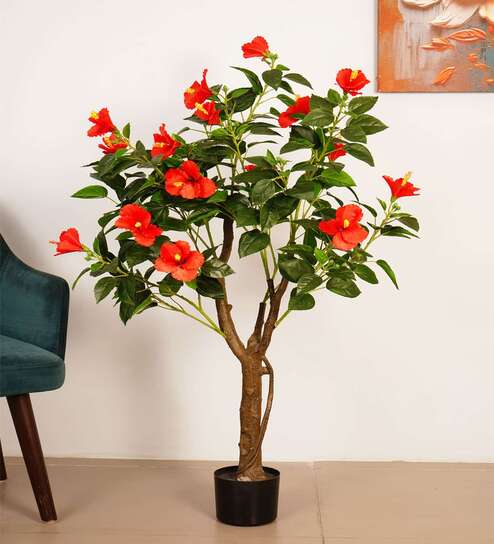 4.3Ft Artificial Hibiscus Plant with Red Flowers with Black Pot