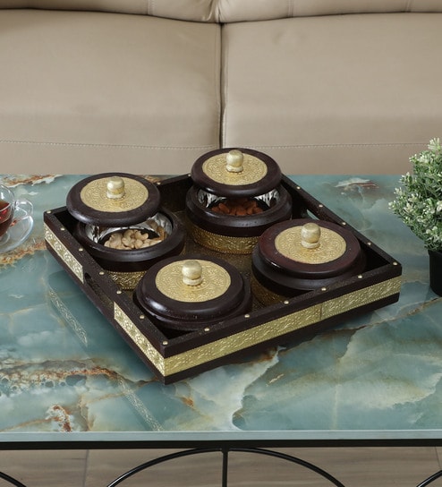 4 BOWL DRY FRUIT TRAY, METAL FITTING, CLASSIC THEME
