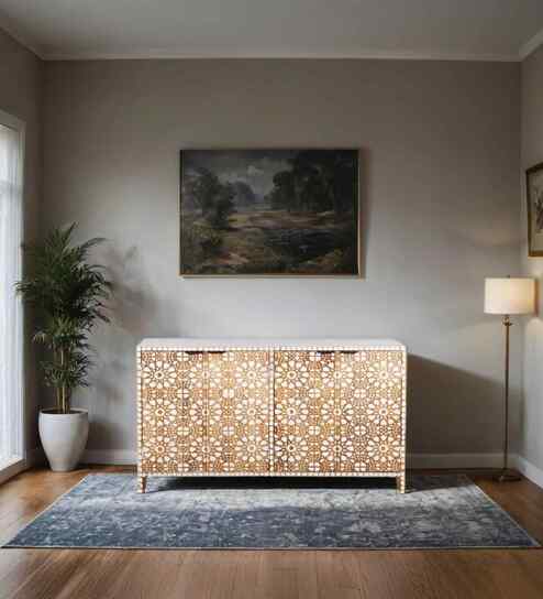 Quill Solid Wood Hand Carved Sideboard in Beige Finish