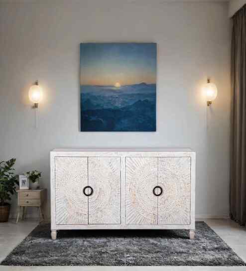 Tranquil Solid Wood Hand Carved Sideboard in White Finish