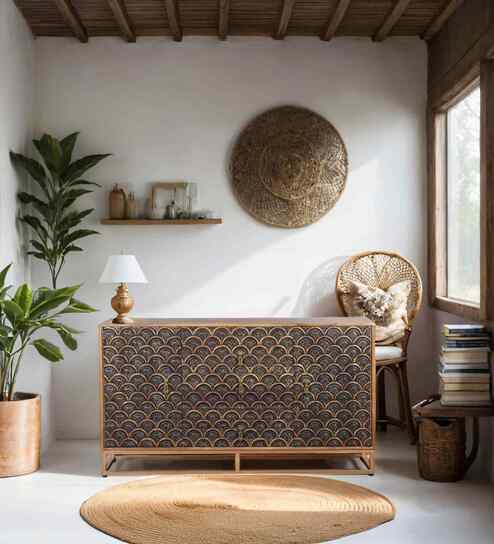 Eleganza Solid Wood Hand Carved Sideboard in Dark Brown Finish