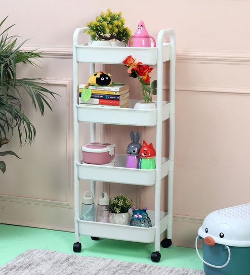 4 Layer Plastic Kitchen Racks Storage Trolley Rack With Caster Wheels In White Colour