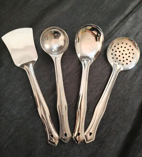 4 Pc Stainless Steel Kitchen Cooking Spoon Set (Ladle, Skimmer, Serving Spoon & Spatula)