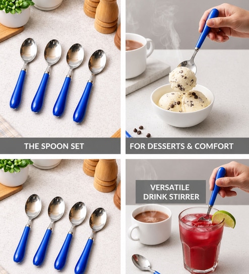 4 Pcs Multicolor Stainless Steel Spoon Set with Plastic Handle (Blue & Maroon Assorted)