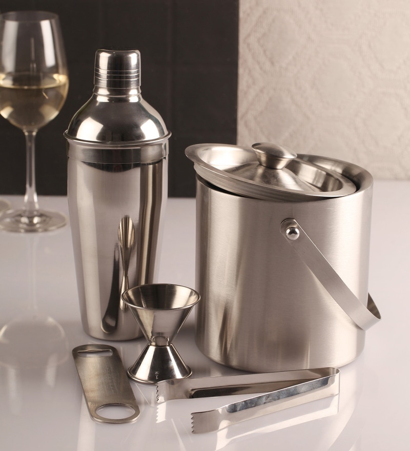 Buy Cocktail shaker, Ice Tong, Ice bucket Set of 3 by Dynamic Store
