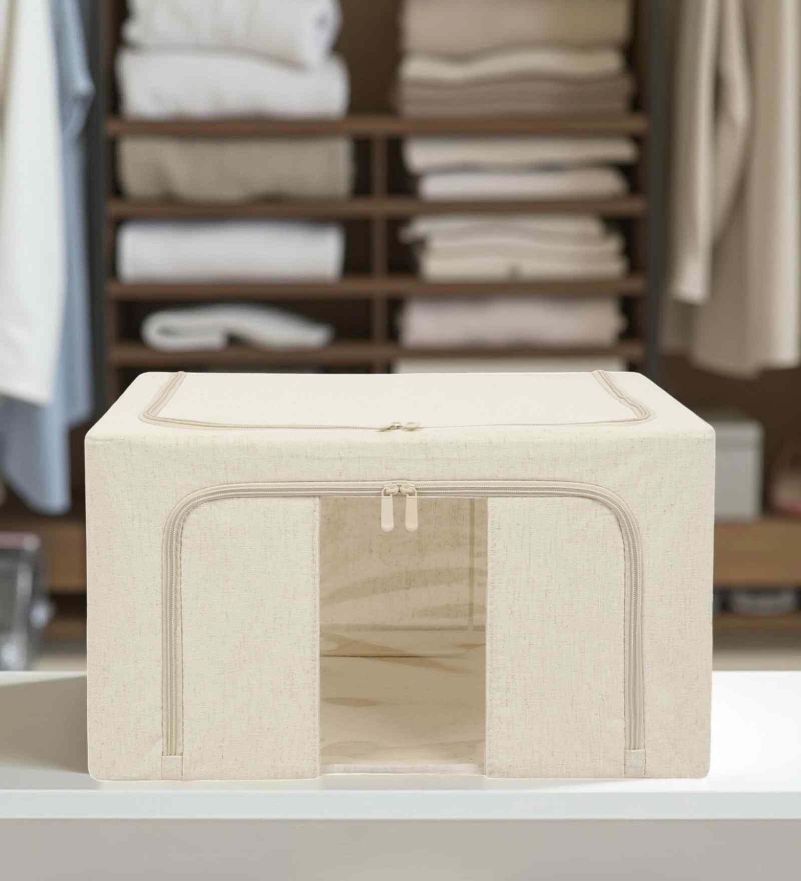 44L Collapsible Fabric Storage Bin with Window, Foldable Organizer Box with Steel Frame